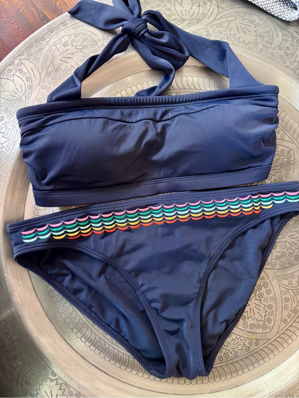 Boden Navy Bandeau Bikini with Rainbow Scallop Trim